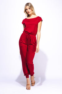 Off Shoulder Jumpsuit Casual Soft Comfy Loose Fit Elastic Waist Lightweight Short Sleeve Jumpsuit with Pockets