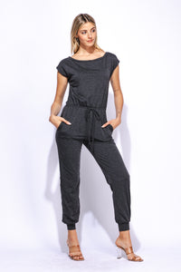 Off Shoulder Jumpsuit Casual Soft Comfy Loose Fit Elastic Waist Lightweight Short Sleeve Jumpsuit with Pockets