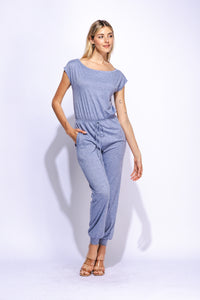 Off Shoulder Jumpsuit Casual Soft Comfy Loose Fit Elastic Waist Lightweight Short Sleeve Jumpsuit with Pockets