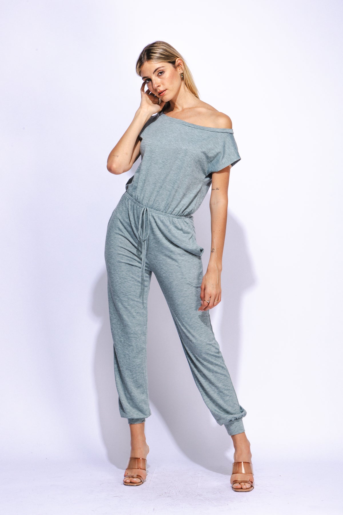 Off Shoulder Jumpsuit Casual Soft Comfy Loose Fit Elastic Waist Lightweight Short Sleeve Jumpsuit with Pockets