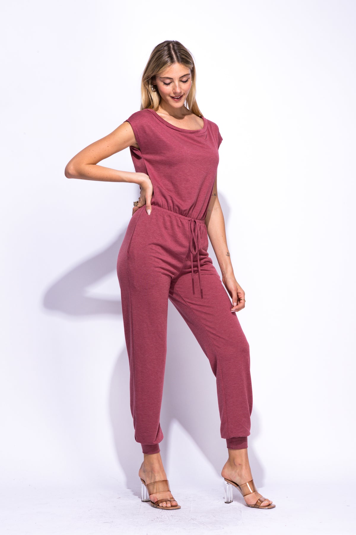 Off Shoulder Jumpsuit Casual Soft Comfy Loose Fit Elastic Waist Lightweight Short Sleeve Jumpsuit with Pockets