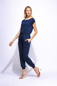 Off Shoulder Jumpsuit Casual Soft Comfy Loose Fit Elastic Waist Lightweight Short Sleeve Jumpsuit with Pockets