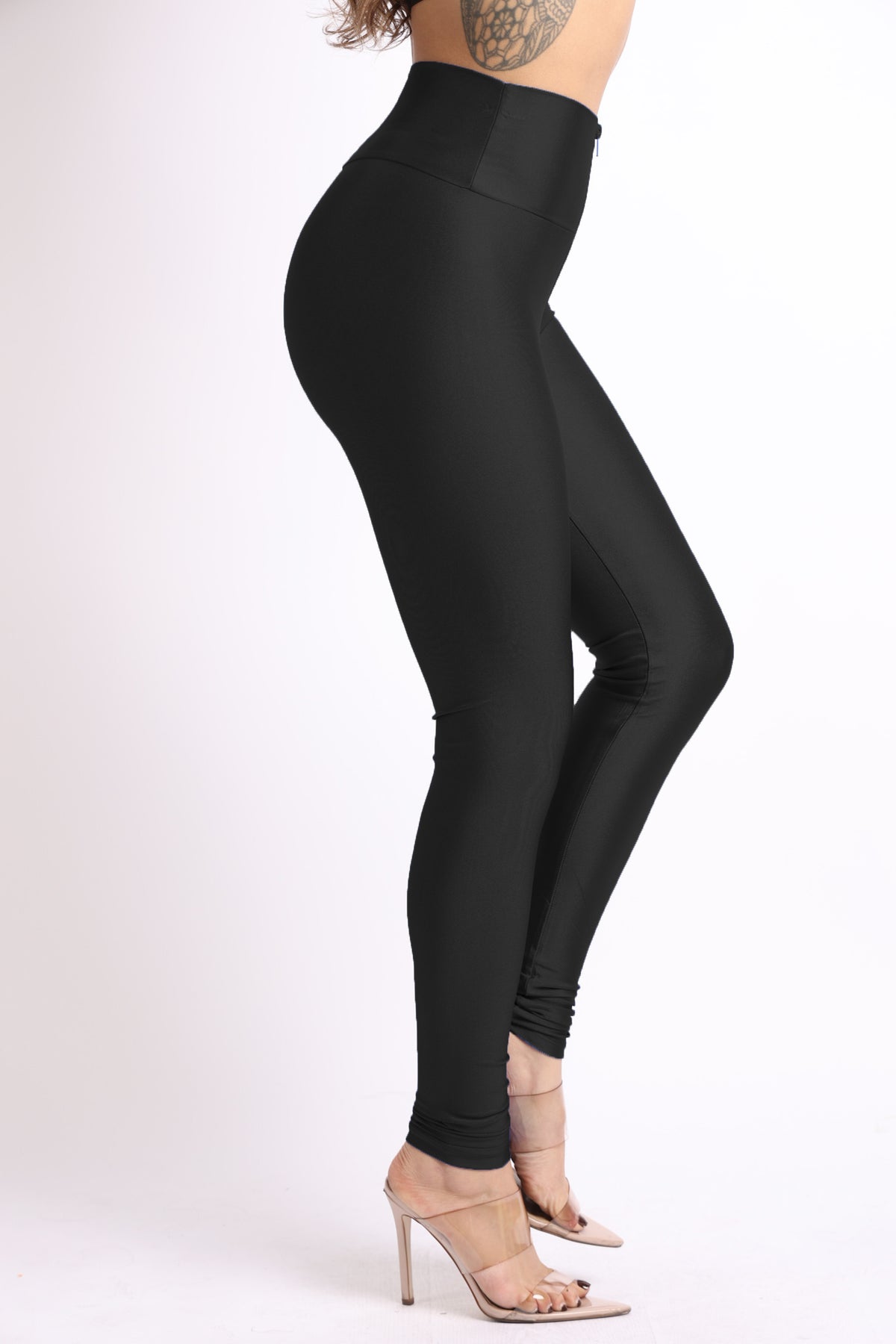 Plus Size Shiny Skinny Leggings with Zipper - Stretch Active High Waist Tights Disco Party Club Night Out Pants