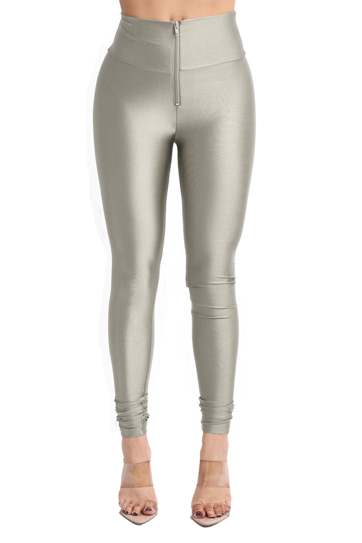 Plus Size Shiny Skinny Leggings with Zipper - Stretch Active High Waist Tights Disco Party Club Night Out Pants