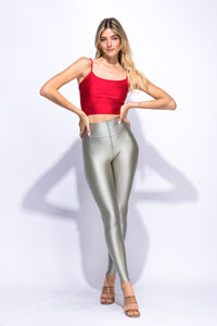 Shiny Skinny Leggings with Zipper - Stretch Active High Waist Tights Disco Party Club Night Out Pants