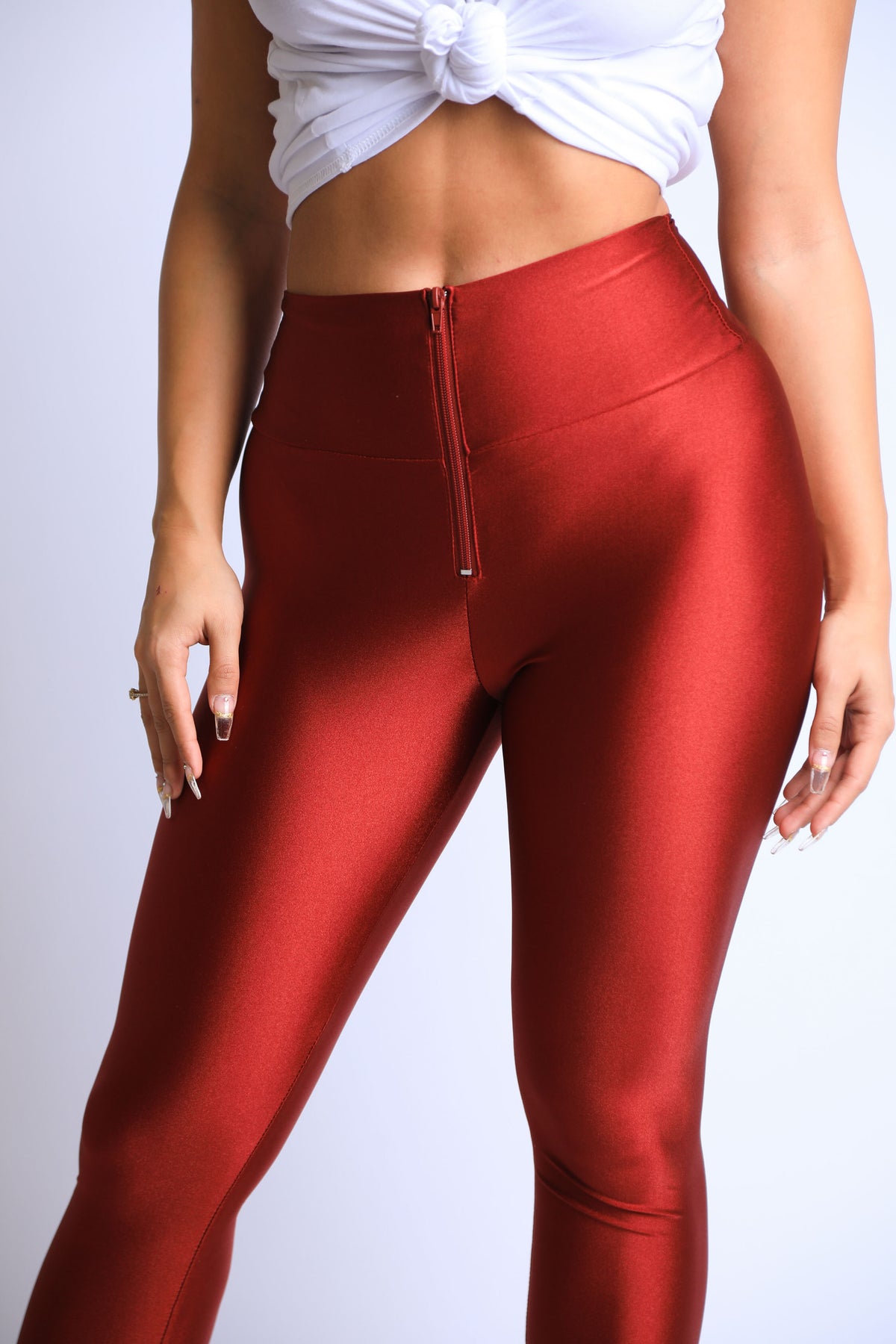 Shiny Skinny Leggings with Zipper - Stretch Active High Waist Tights Disco Party Club Night Out Pants