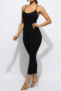 Plus Size Sleeveless Bodycon Jumpsuit 21" Capri Skinny Fit Hug Curves Adjustable Strap Stretchy Squat Proof Workout Gym