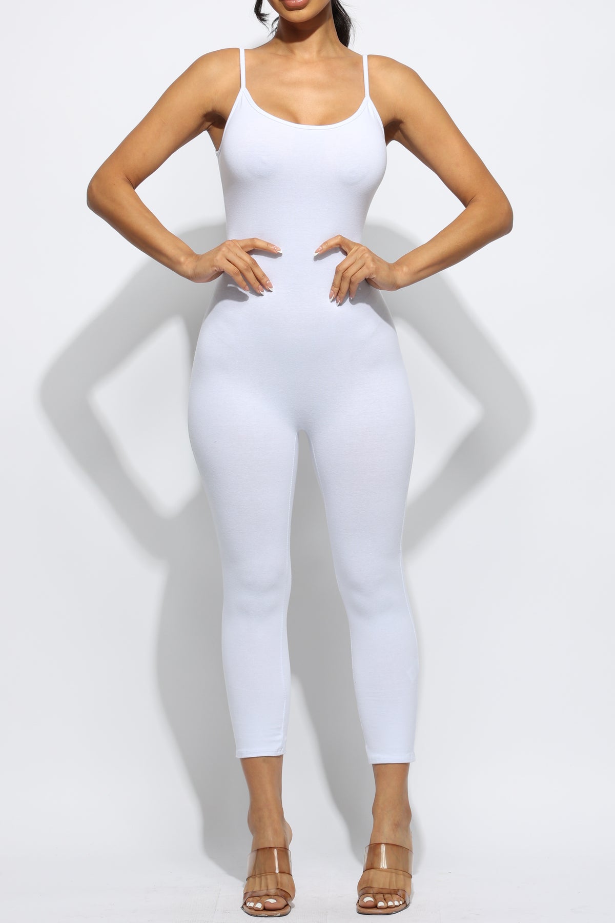 Plus Size Sleeveless Bodycon Jumpsuit 21" Capri Skinny Fit Hug Curves Adjustable Strap Stretchy Squat Proof Workout Gym